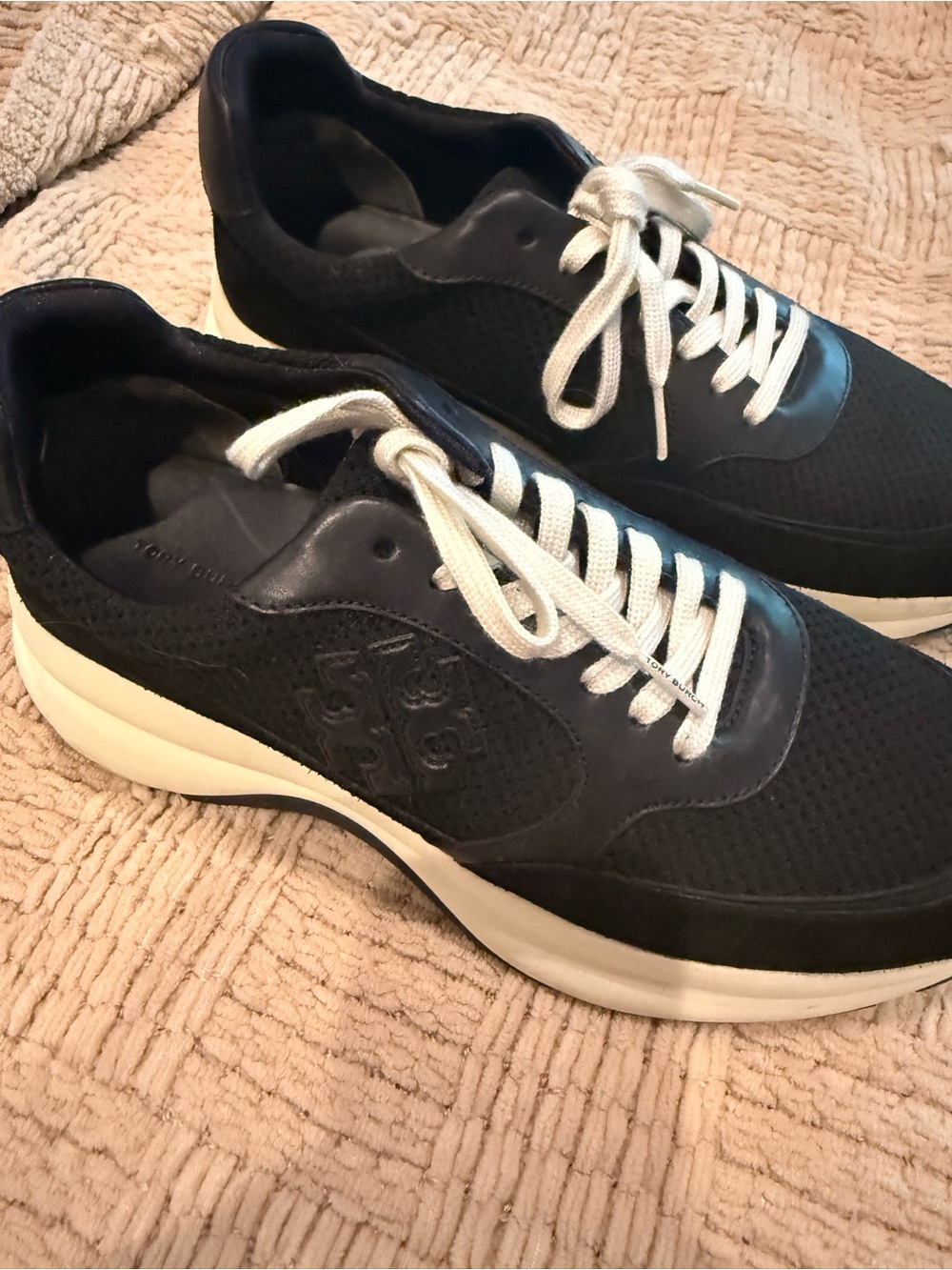 Tory Burch Black and White Leather-Trim Trainer Sneakers Size 10